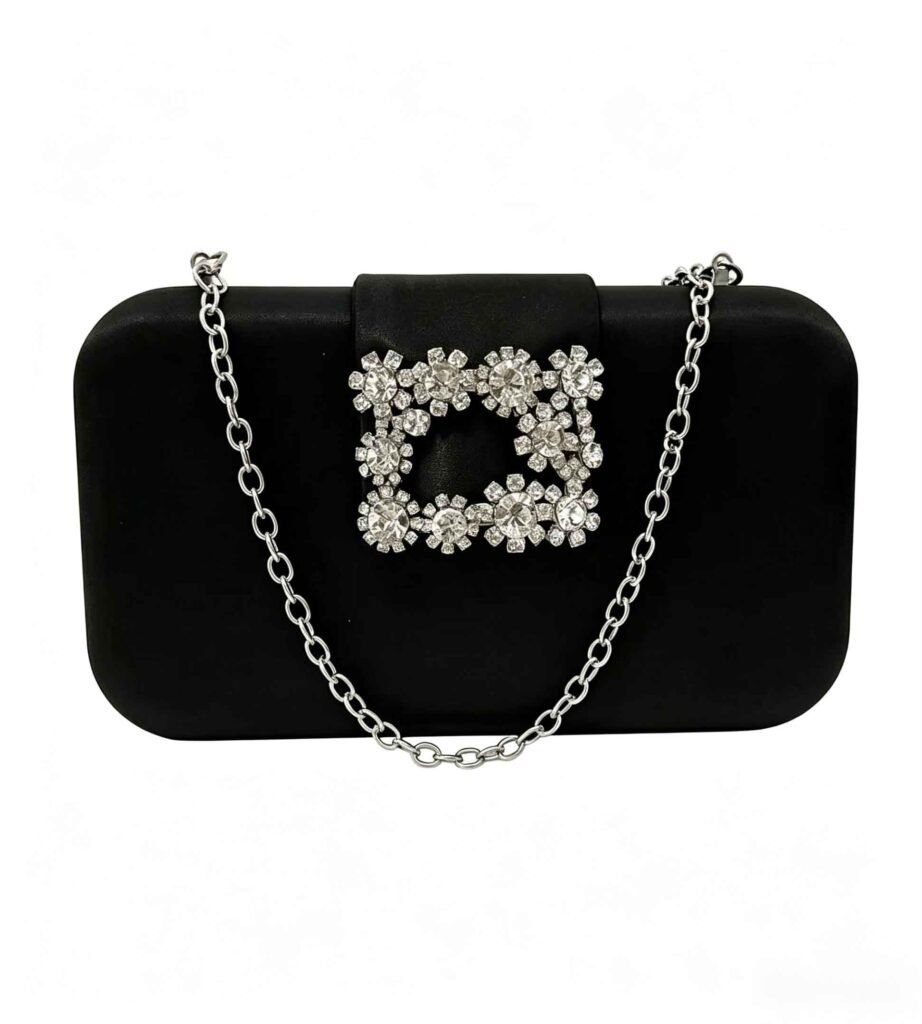 Black evening handbag with buckle design